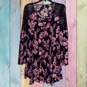 Bebop Black Pink Floral Wide Sleeve V-neck Dress NWOT